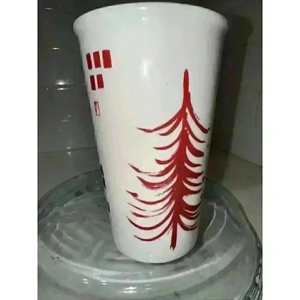 Starbucks 2014 Tall White Mug w/ Red Pine Tree Block Graphics 17.8 oz Preowned